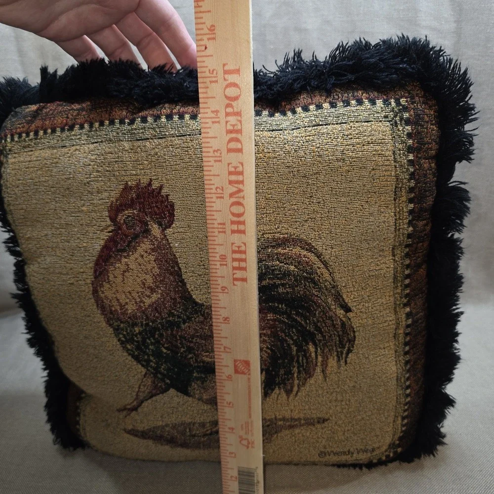 Vintage Borgata Wendy Wegner Tapestry black fringe Rooster Throw Pillow 16